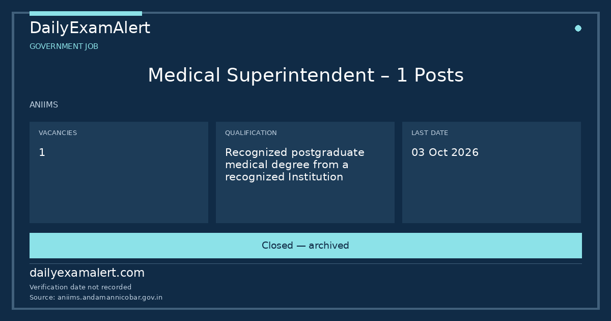 Medical Superintendent – 1 Posts — government job summary