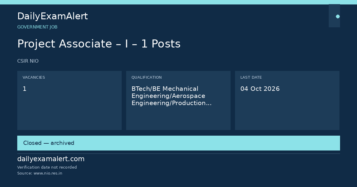 Project Associate – I – 1 Posts — government job summary