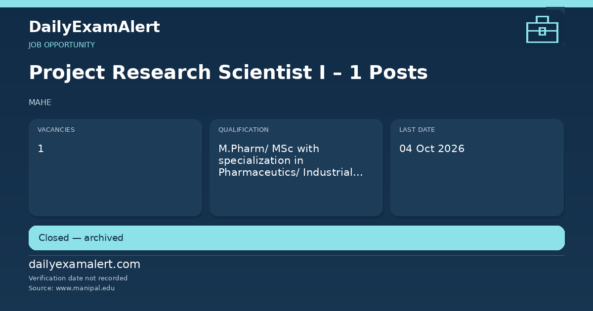 Project Research Scientist I – 1 Posts — job opportunity summary