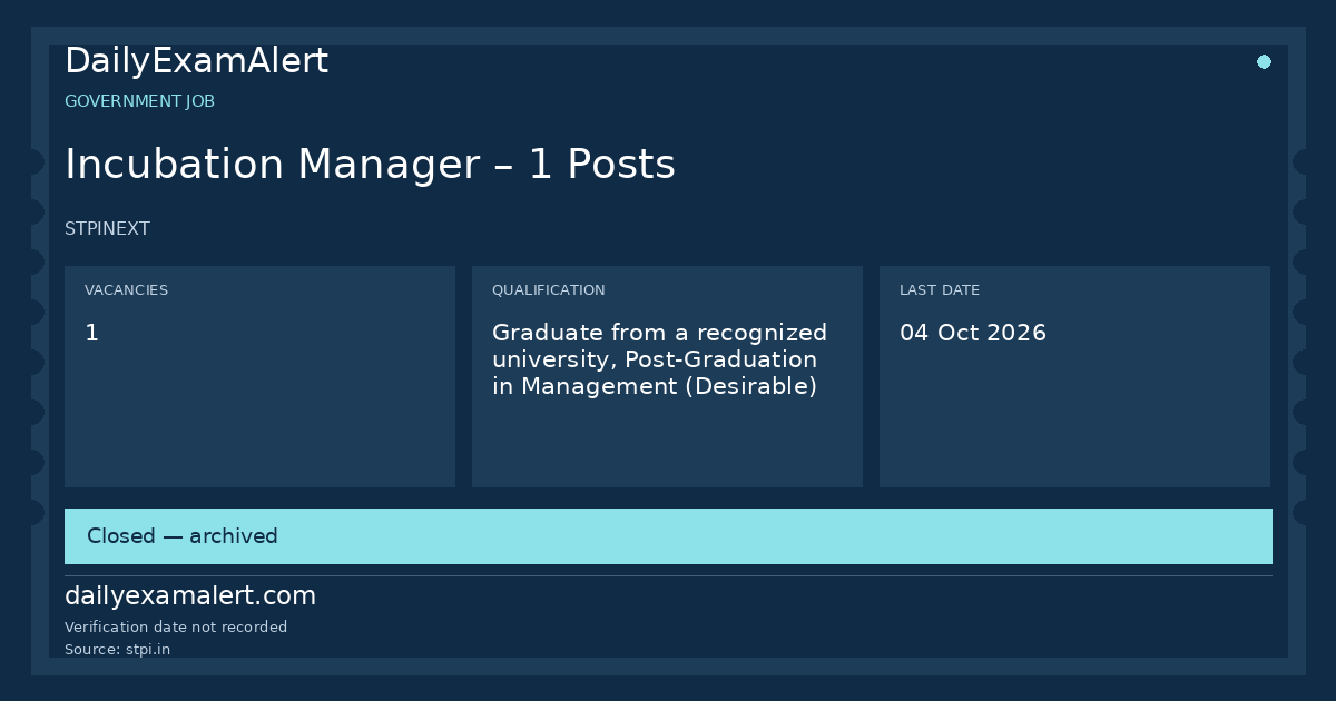 Incubation Manager – 1 Posts — government job summary
