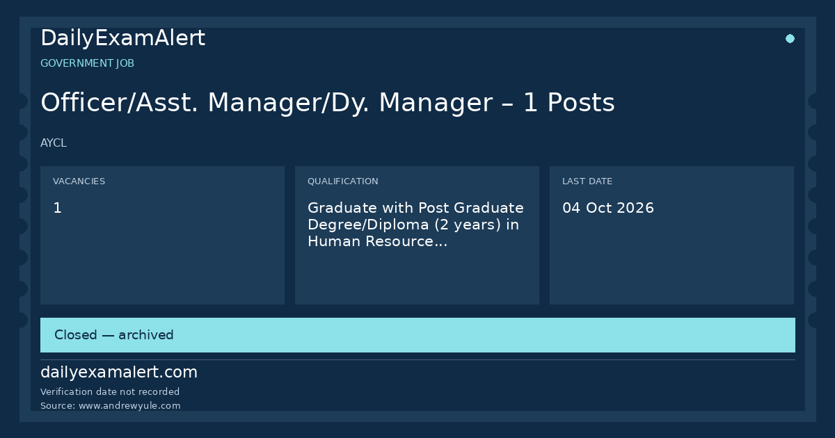 Officer/Asst. Manager/Dy. Manager – 1 Posts — government job summary