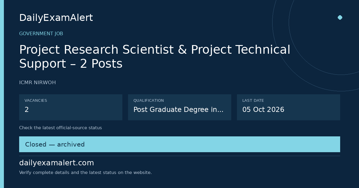 Project Research Scientist & Project Technical Support – 2 Posts — government job summary