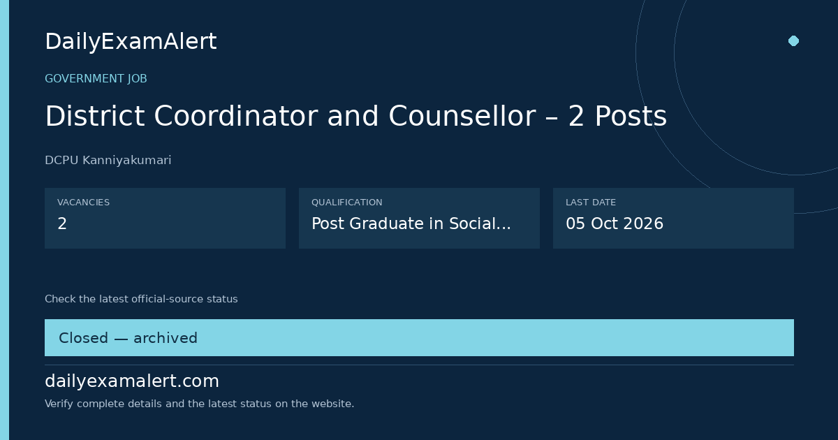 District Coordinator and Counsellor – 2 Posts — government job summary