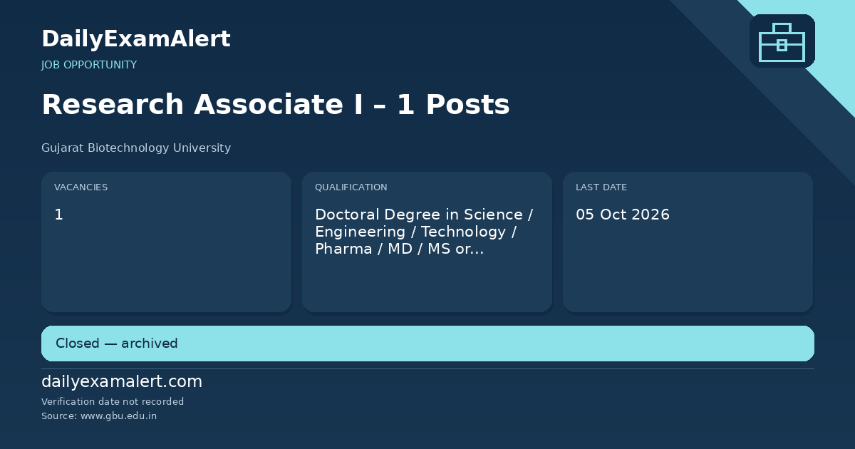 Research Associate I – 1 Posts — job opportunity summary