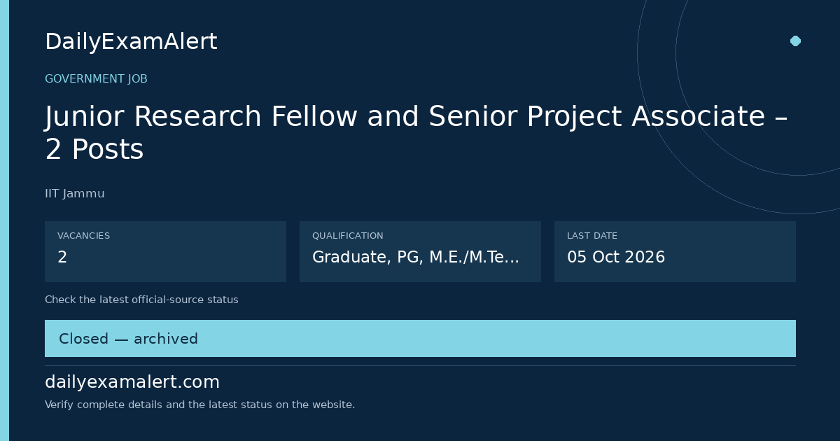Junior Research Fellow and Senior Project Associate – 2 Posts — government job summary