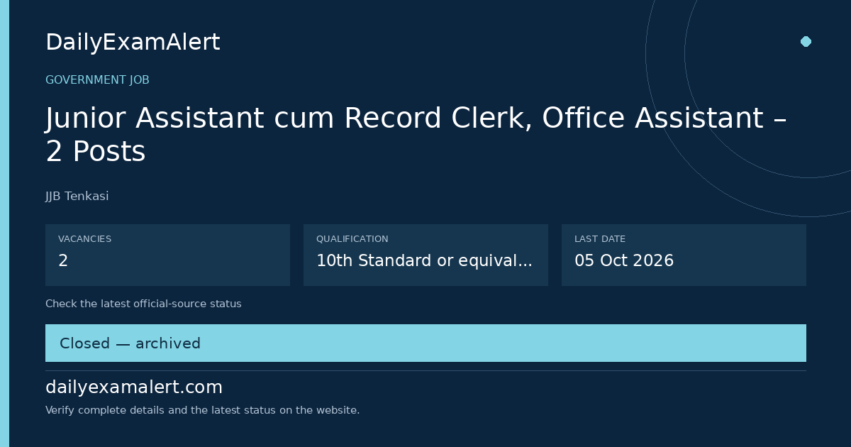 Junior Assistant cum Record Clerk, Office Assistant – 2 Posts — government job summary