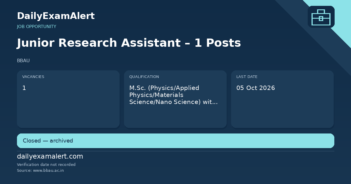 Junior Research Assistant – 1 Posts — job opportunity summary