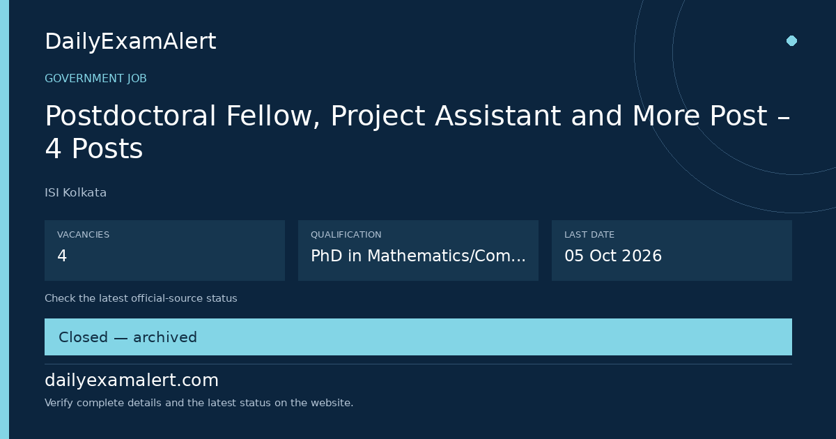 Postdoctoral Fellow, Project Assistant and More Post – 4 Posts — government job summary
