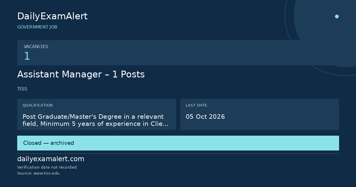Assistant Manager – 1 Posts — government job summary