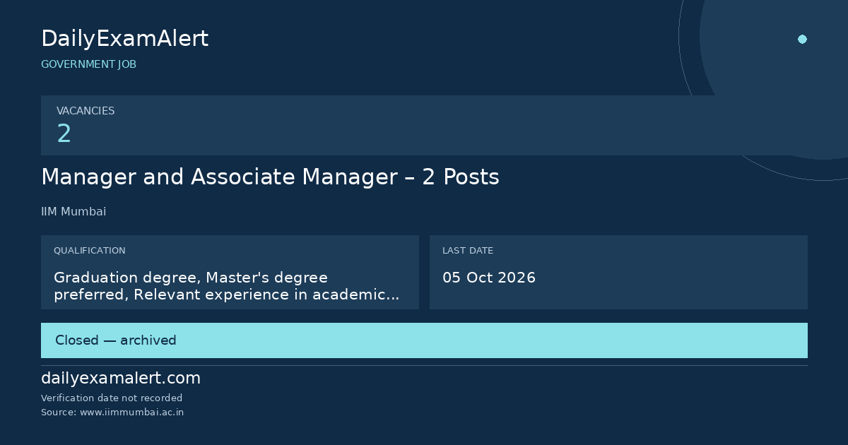 Manager and Associate Manager – 2 Posts — government job summary
