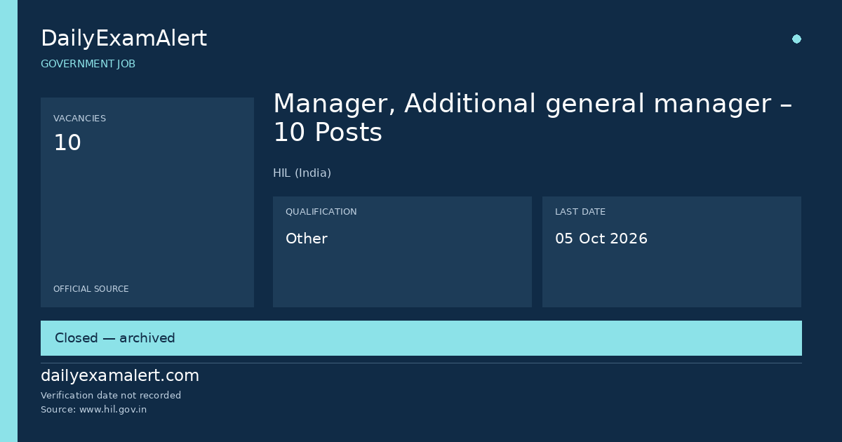 Manager, Additional general manager – 10 Posts — government job summary