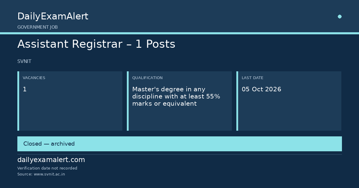 Assistant Registrar – 1 Posts — government job summary