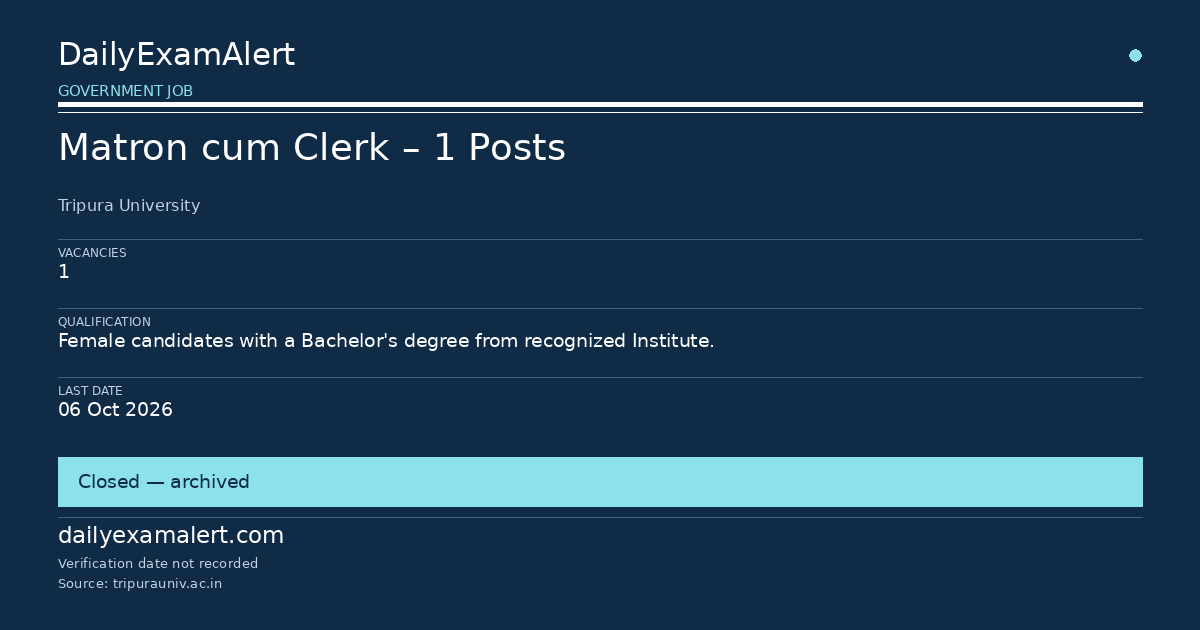 Matron cum Clerk – 1 Posts — government job summary