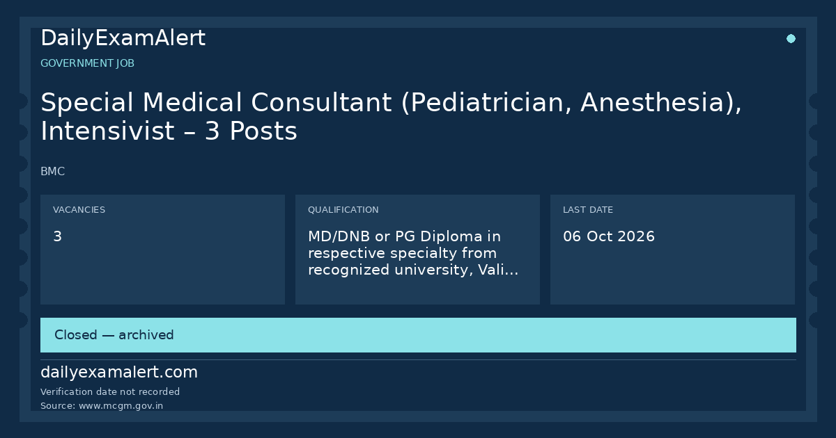 Special Medical Consultant (Pediatrician, Anesthesia), Intensivist – 3 Posts — government job summary