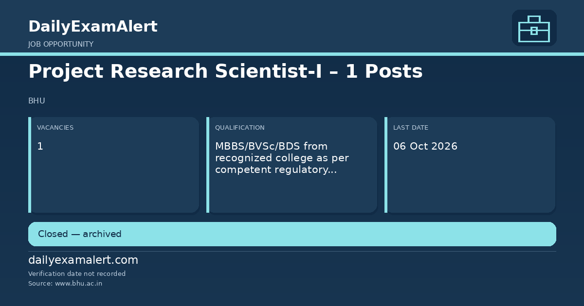 Project Research Scientist-I – 1 Posts — job opportunity summary