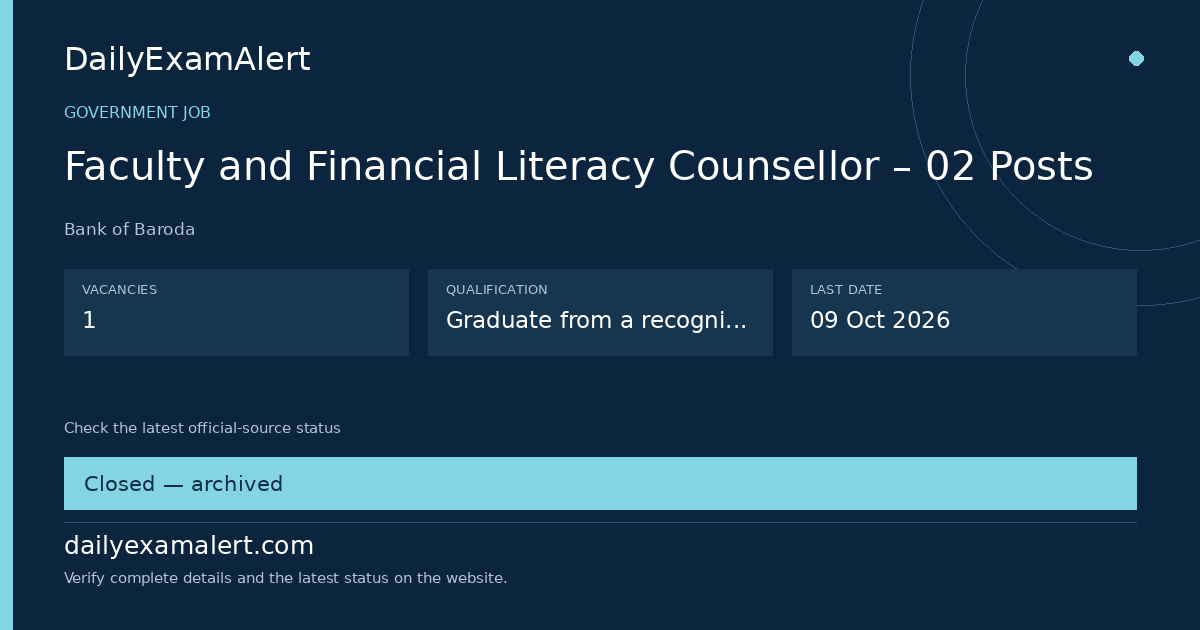 Faculty and Financial Literacy Counsellor – 02 Posts — government job summary