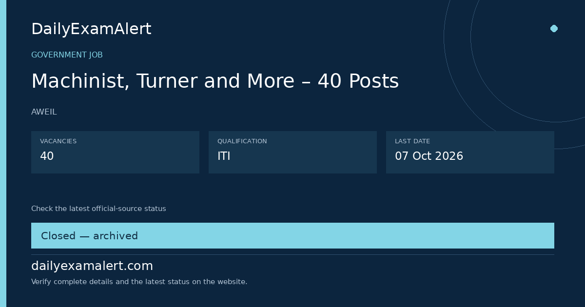 Machinist, Turner and More – 40 Posts — government job summary