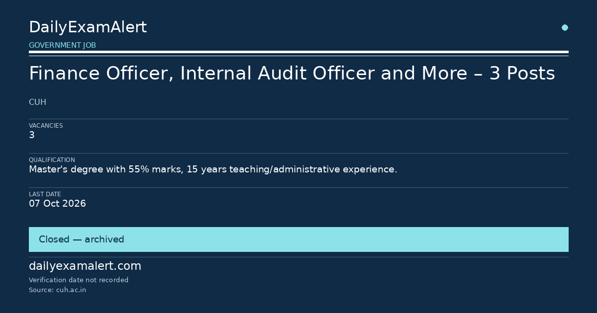 Finance Officer, Internal Audit Officer and More – 3 Posts — government job summary