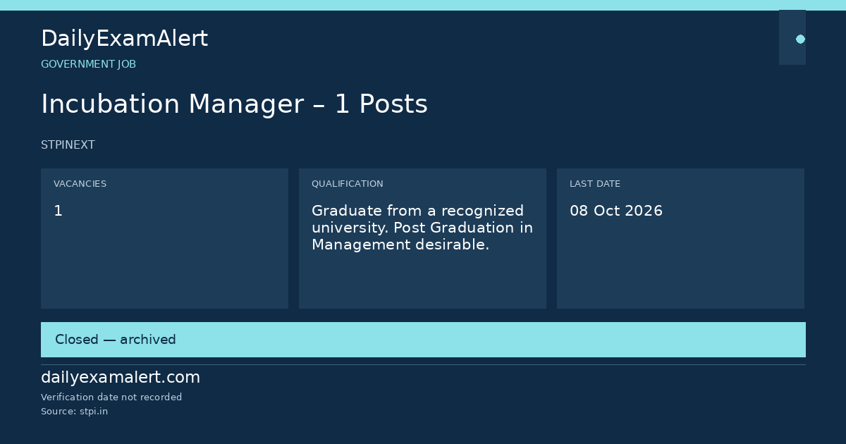 Incubation Manager – 1 Posts — government job summary