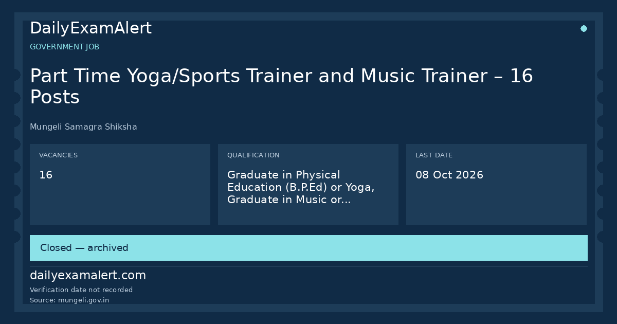 Part Time Yoga/Sports Trainer and Music Trainer – 16 Posts — government job summary