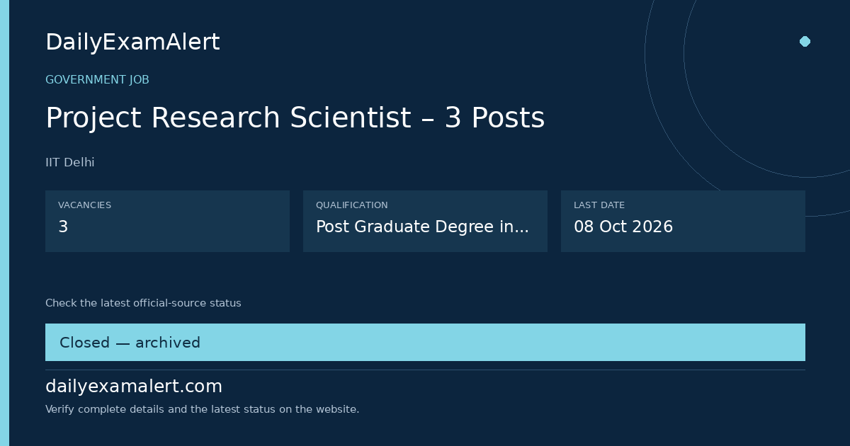 Project Research Scientist – 3 Posts — government job summary