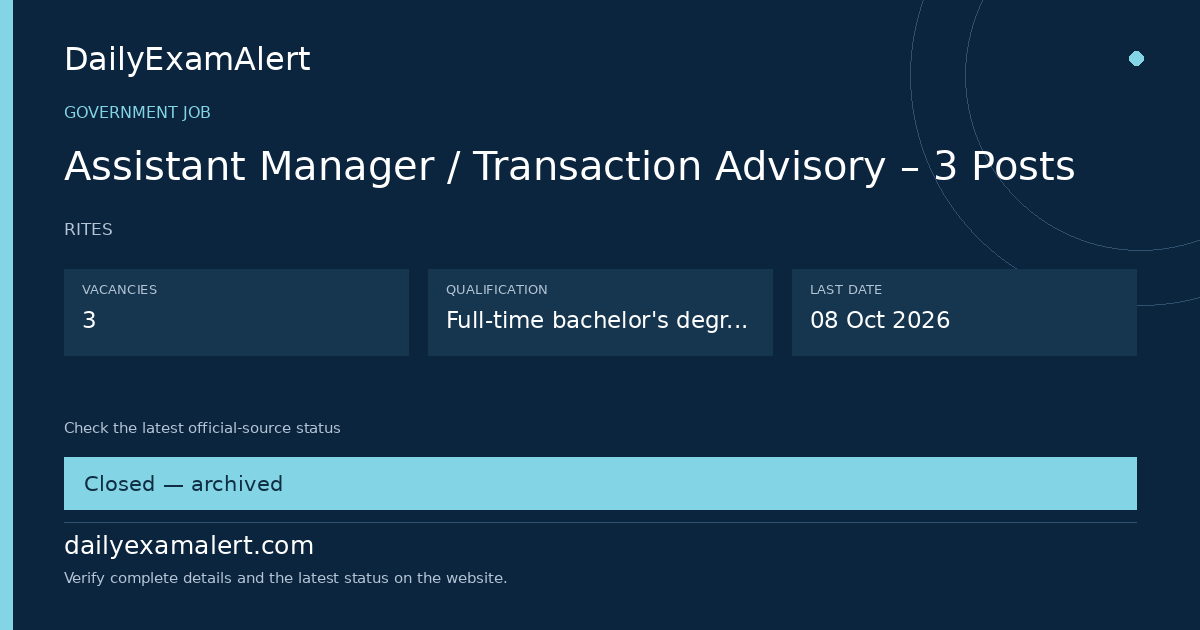 Assistant Manager / Transaction Advisory – 3 Posts — government job summary