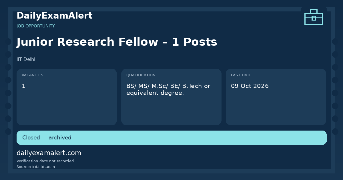 Junior Research Fellow – 1 Posts — job opportunity summary