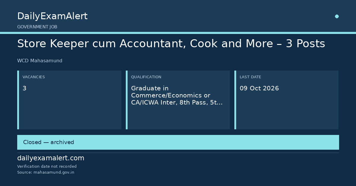 Store Keeper cum Accountant, Cook and More – 3 Posts — government job summary