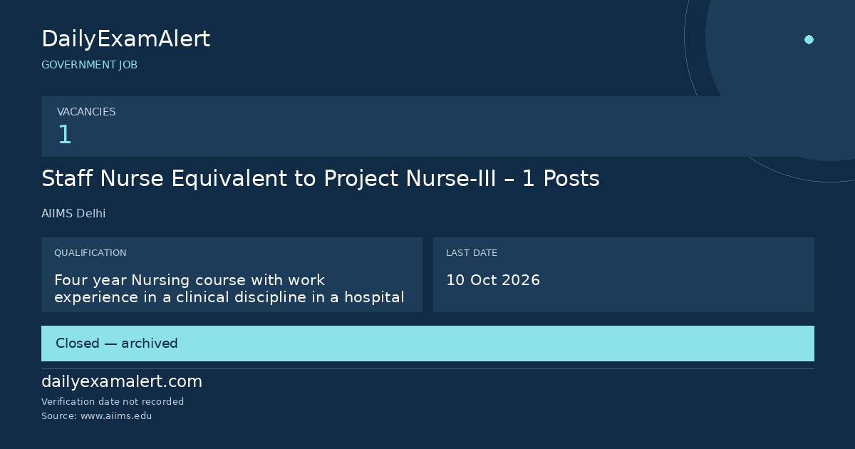 Staff Nurse Equivalent to Project Nurse-III – 1 Posts — government job summary