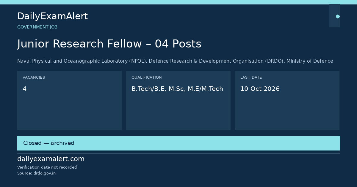 Junior Research Fellow – 04 Posts — government job summary
