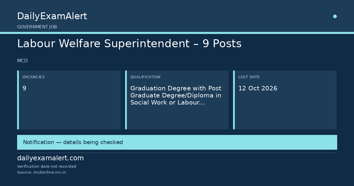 Labour Welfare Superintendent – 9 Posts — government job summary