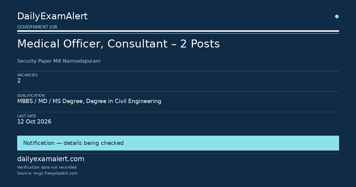 Medical Officer, Consultant – 2 Posts — government job summary