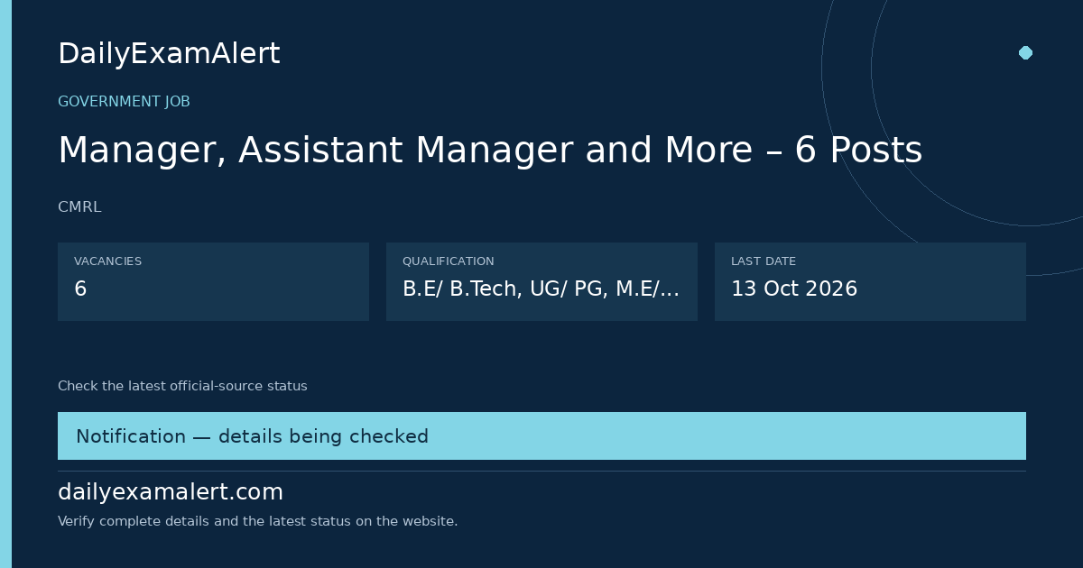 Manager, Assistant Manager and More – 6 Posts — government job summary
