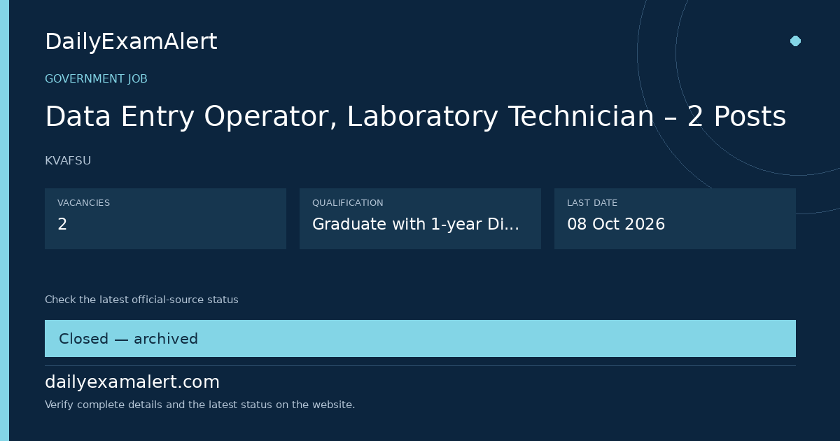 Data Entry Operator, Laboratory Technician – 2 Posts — government job summary