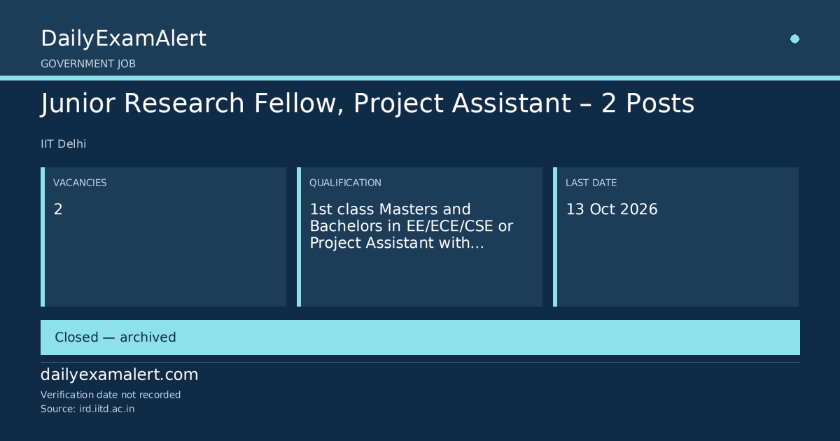 Junior Research Fellow, Project Assistant – 2 Posts — government job summary