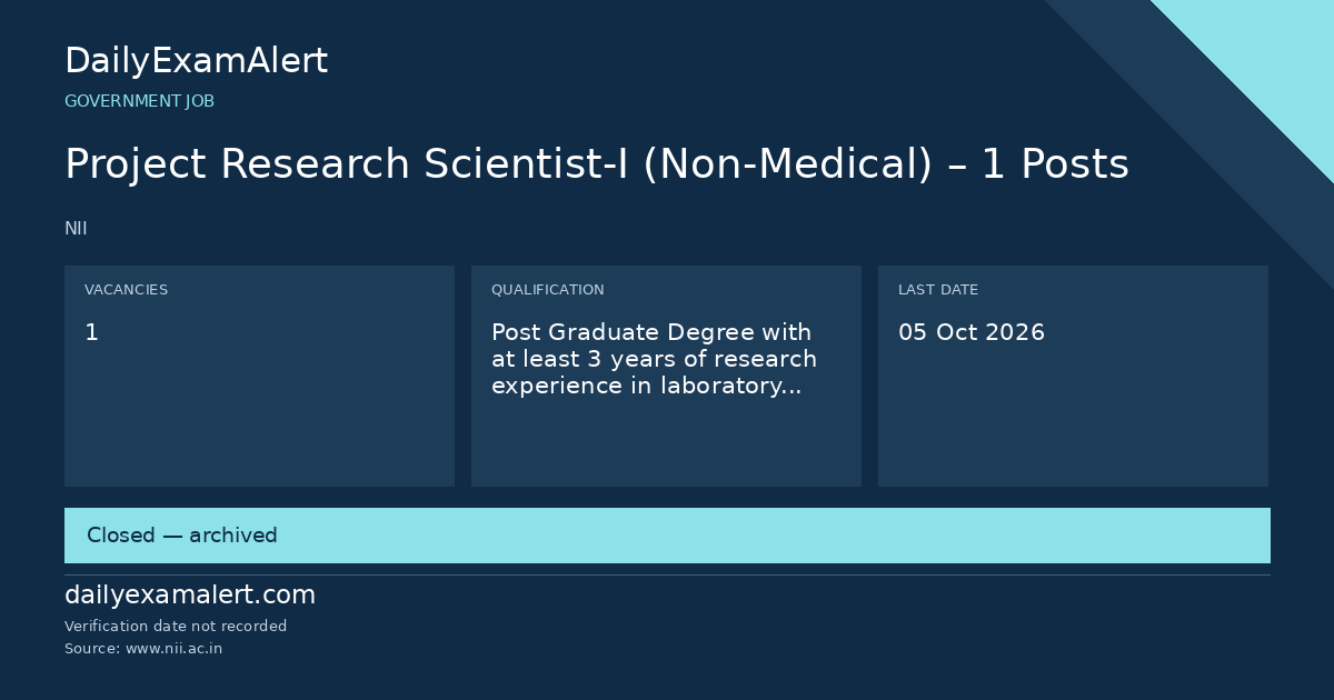 Project Research Scientist-I (Non-Medical) – 1 Posts — government job summary