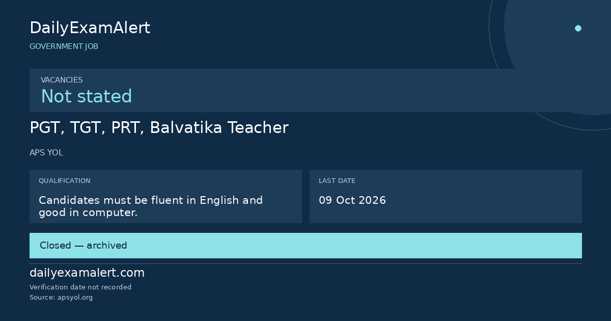 PGT, TGT, PRT, Balvatika Teacher — government job summary