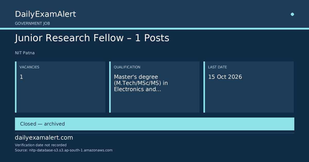 Junior Research Fellow – 1 Posts — job opportunity summary