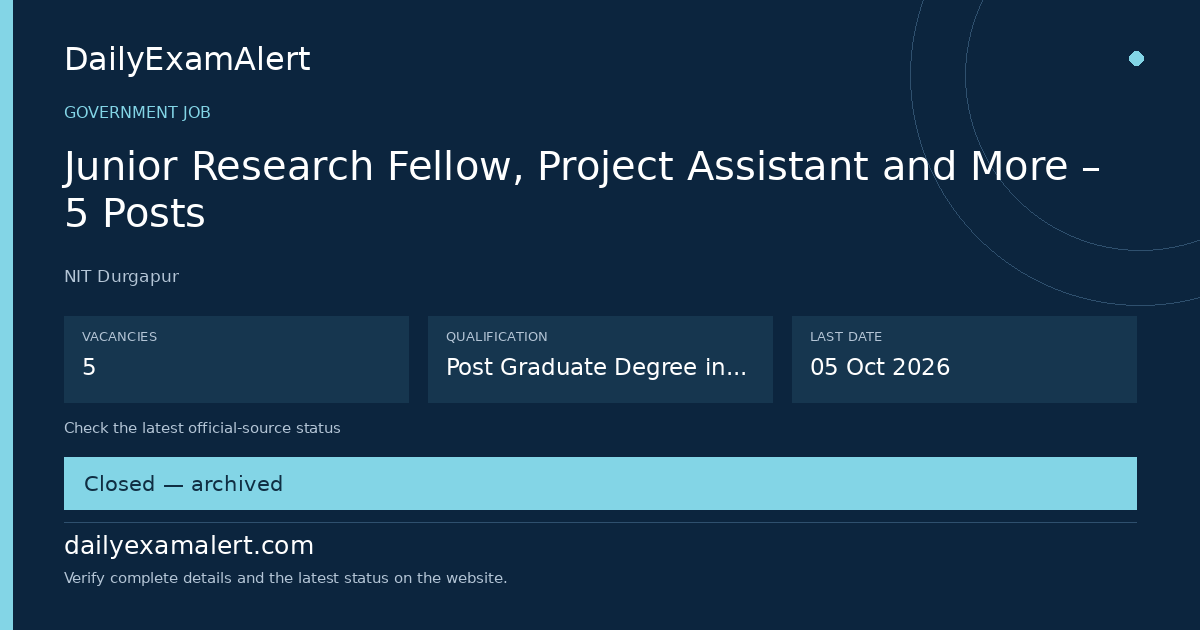 Junior Research Fellow, Project Assistant and More – 5 Posts — government job summary