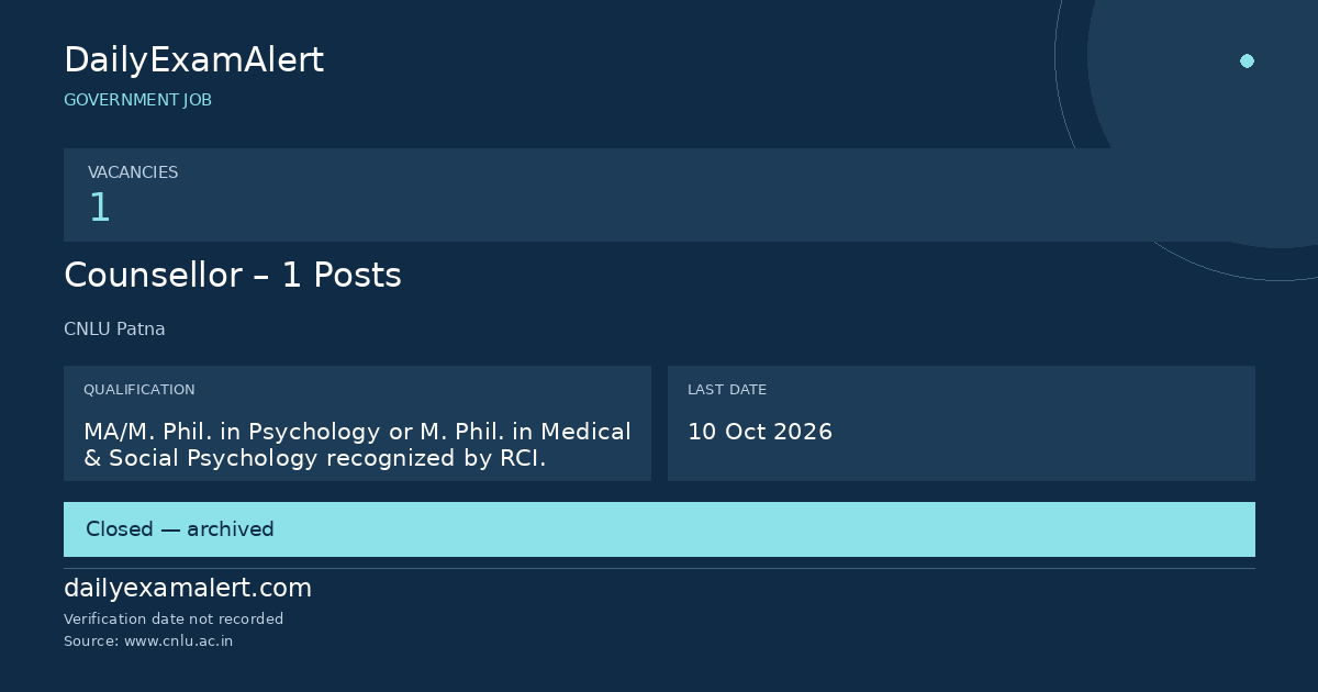 Counsellor – 1 Posts — government job summary