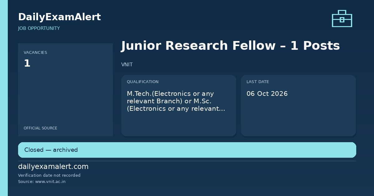 Junior Research Fellow – 1 Posts — job opportunity summary