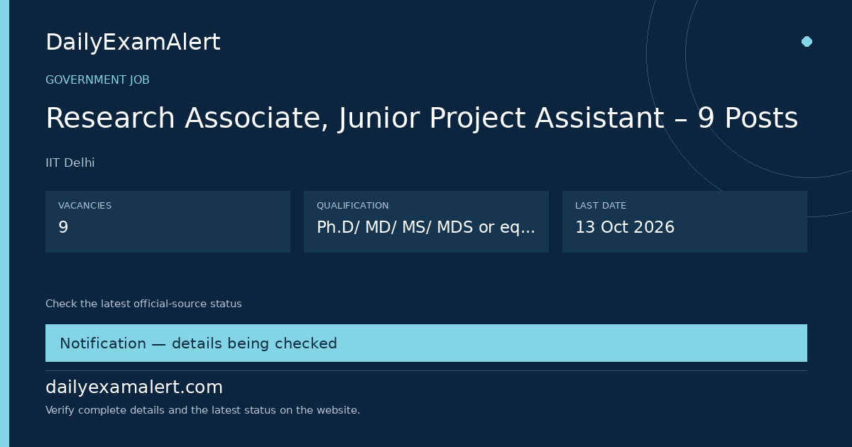 Research Associate, Junior Project Assistant – 9 Posts — government job summary