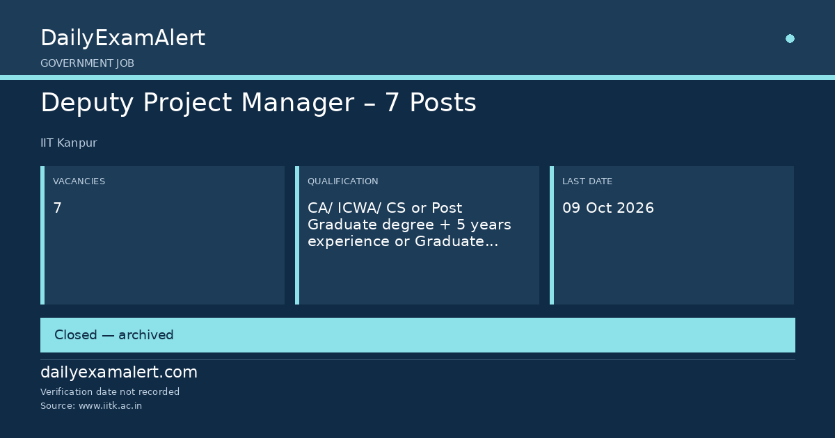 Deputy Project Manager – 7 Posts — government job summary