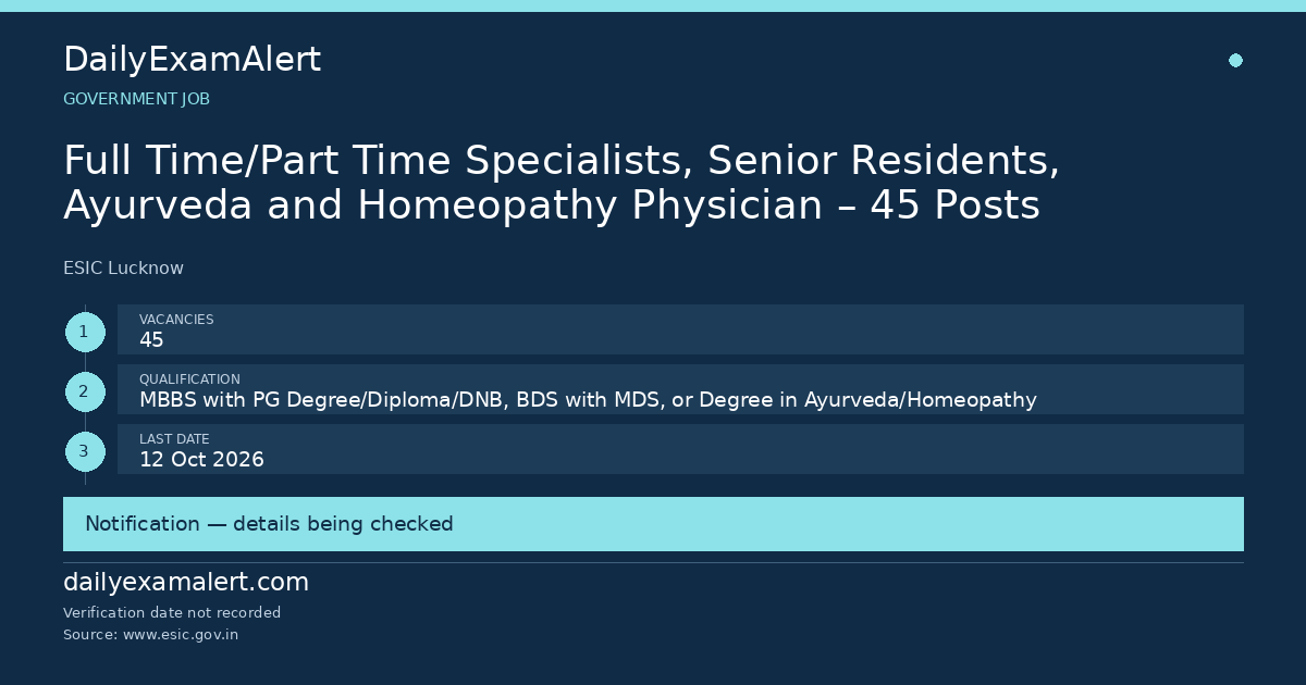 Full Time/Part Time Specialists, Senior Residents, Ayurveda and Homeopathy Physician – 45 Posts — government job summary