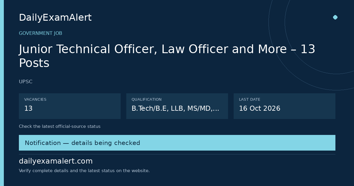 Junior Technical Officer, Law Officer and More – 13 Posts — government job summary