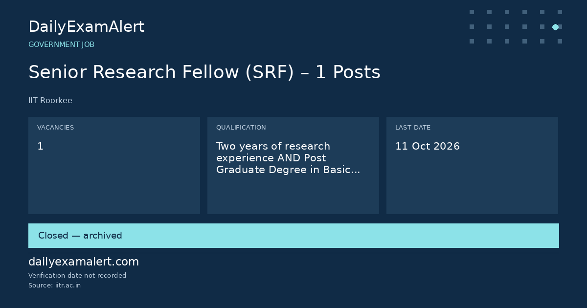 Senior Research Fellow (SRF) – 1 Posts — government job summary