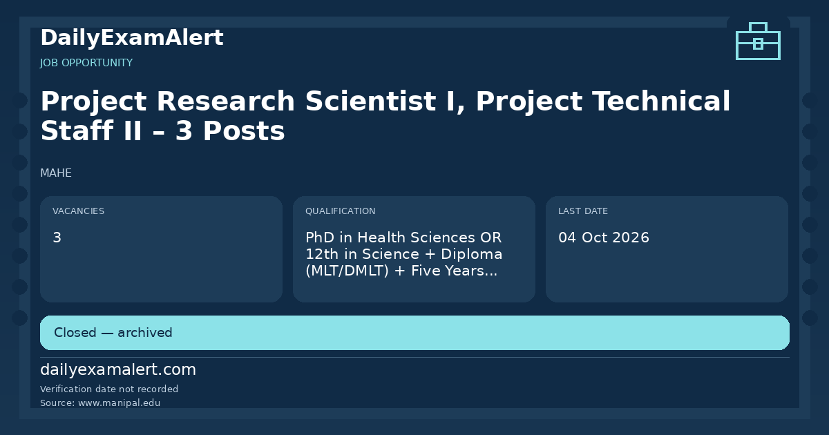 Project Research Scientist I, Project Technical Staff II – 3 Posts — job opportunity summary