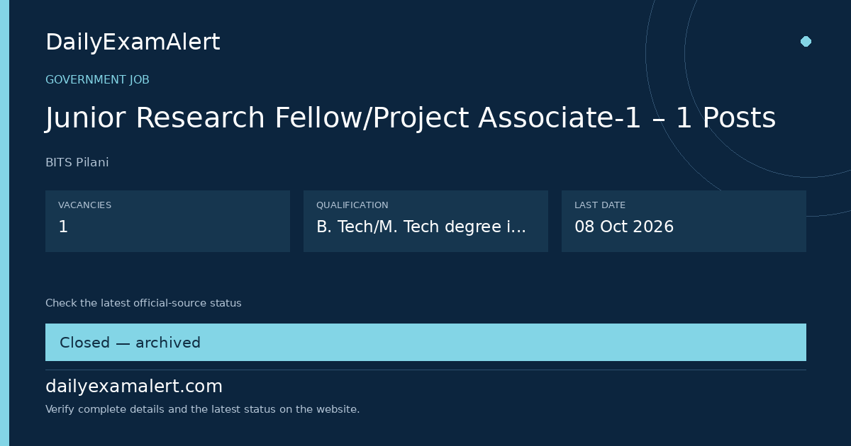 Junior Research Fellow/Project Associate-1 – 1 Posts — government job summary