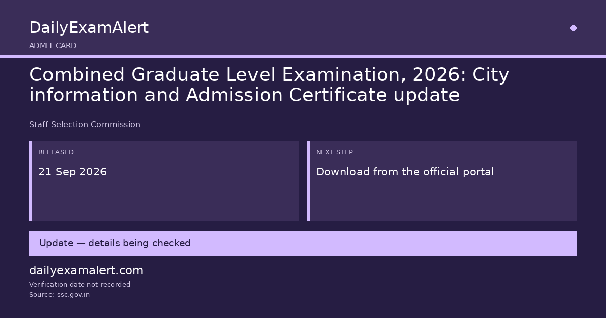 Combined Graduate Level Examination, 2026: City information and Admission Certificate update — admit card summary