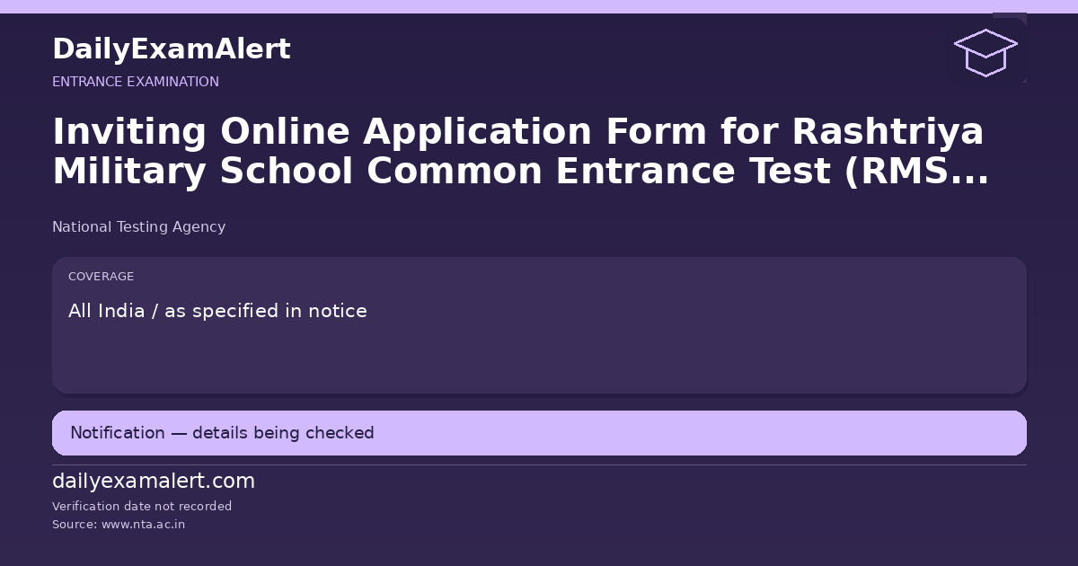 Inviting Online Application Form for Rashtriya Military School Common Entrance Test (RMS CET) – 2026 — entrance examination summary